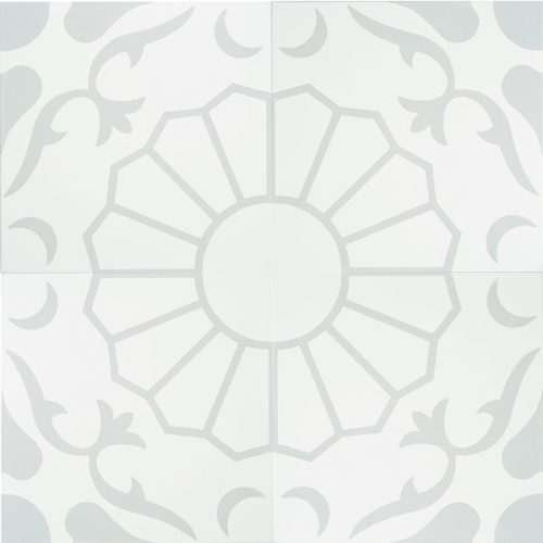 In cool grey and white, our exclusive Margarides encaustic tile with the daisy flower at its core, is simple yet sophisticated. Four tile view - Rever Tiles.
