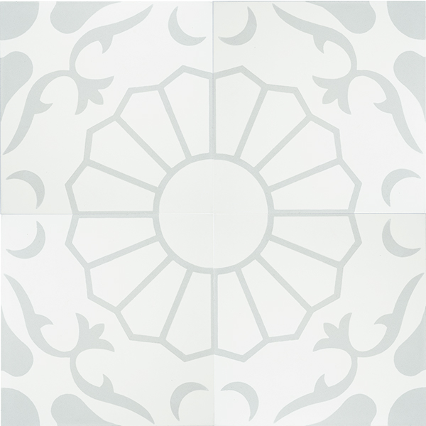 In cool grey and white, our exclusive Margarides encaustic tile with the daisy flower at its core, is simple yet sophisticated. Four tile view - Rever Tiles.