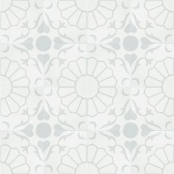 In cool grey and white, our exclusive Margarides encaustic tile with the daisy flower at its core, is simple yet sophisticated. Floor view - Rever Tiles.