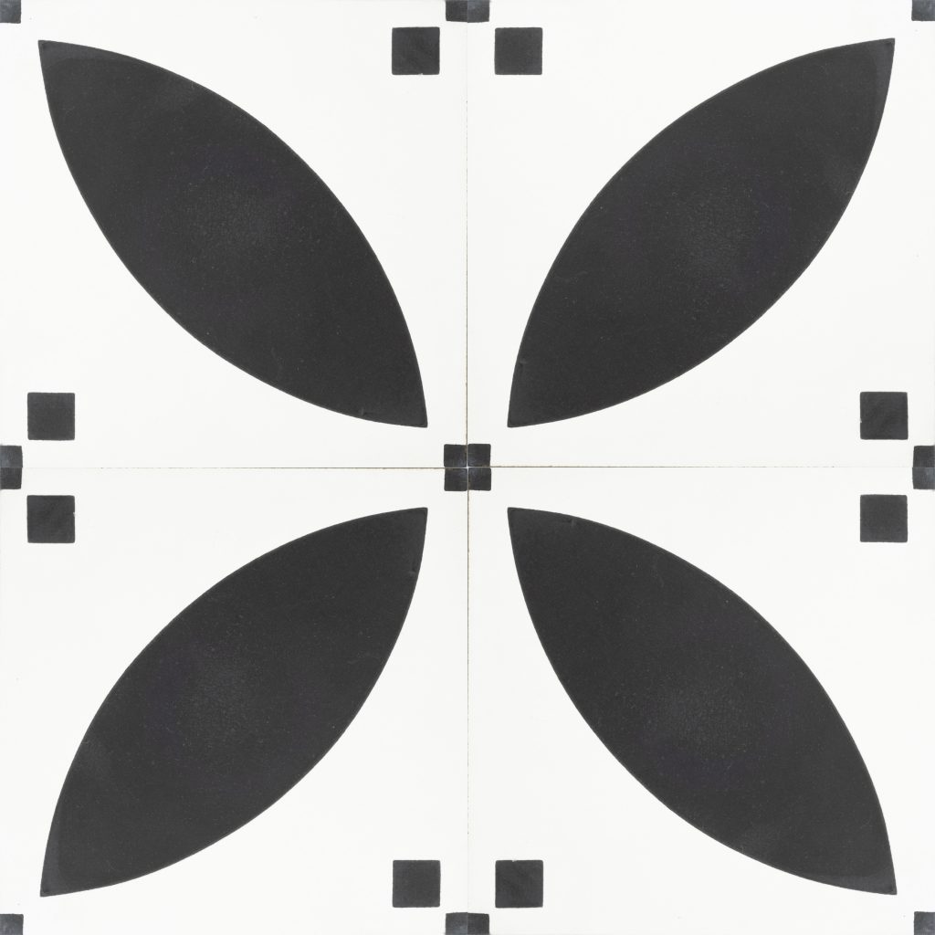 Our Handmade PETAL encaustic tile is a simple take on the ever-popular Corolla encaustic tile. With French flair and a timeless black and white scheme this sophisticated design allows for a unique look that’s both warm and contemporary. Four tile view - Rever Tiles.