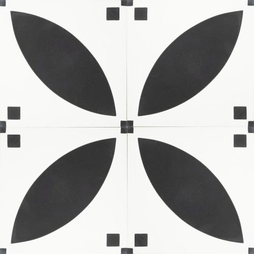 Our Handmade PETAL encaustic tile is a simple take on the ever-popular Corolla encaustic tile. With French flair and a timeless black and white scheme this sophisticated design allows for a unique look that’s both warm and contemporary. Four tile view - Rever Tiles.
