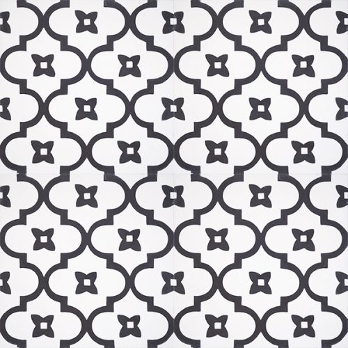 Moroccan style with a rhythmic pattern in black and white that exudes exotic appeal is our handmade ANTIGUA encaustic tile. Four tile view - Rever Tiles.