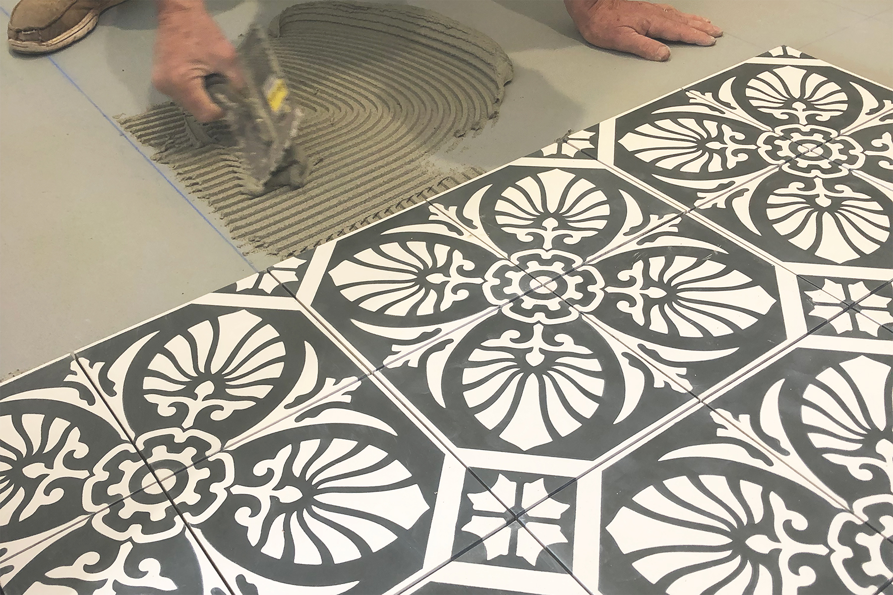 Installation of Hoja encaustic cement tile