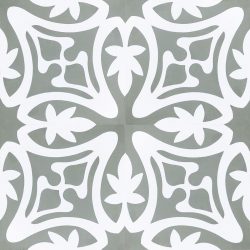 Rana encaustic tile in ash grey with white, has fluidity and balance and instantly adds soul and life to a space, a fabulous bathroom, laundry, or entryway tile. Four tile view - Rever Tiles.