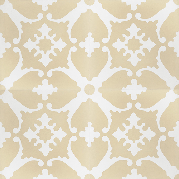 Transform any space into a breathtaking escape with our handmade BAHAMAS encaustic tile. A muted colour scheme of champagne and white, this soft look tile is airy and peaceful. Four tile view - Rever Tiles.