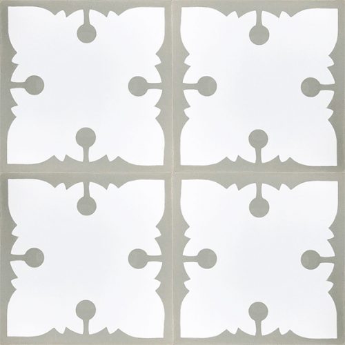 The simplicity of our Carbo encaustic tile is equally fun as sophisticated. A grey and white scene and this early 1900’s design offers minimalism and purity with a focus. Four tile view - Rever Tiles.