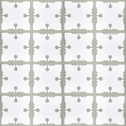 The simplicity of our Carbo encaustic tile is equally fun as sophisticated. A grey and white scene and this early 1900’s design offers minimalism and purity with a focus. Floor view - Rever Tiles.