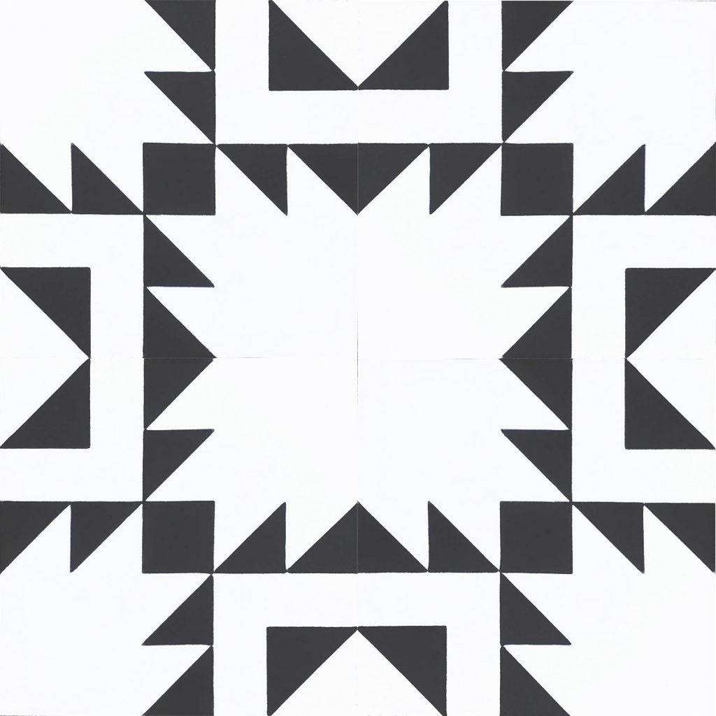 Give black-tie panache to your space with our chic Mexica encaustic tile; behind the seeming simplicity lies the elegance of geometric form. Four tile view - Rever Tiles.