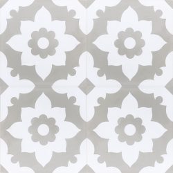 Our Santona encaustic tile in soft transitional grey is a delightful bathroom floor tile that will elevate your space from ho-hum to decadent as a day spa. Four tile view - Rever Tiles.