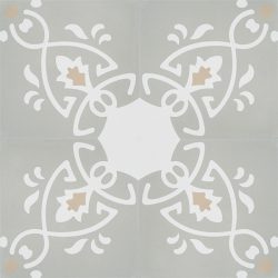 Add warmth and dimension to your room with our original and exclusive Cacabelos encaustic tile in platinum grey hue with white detail. Four tile view - Rever Tiles.