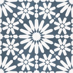 Moroccan style, Fes encaustic tile with an explosion of white flowers on a background of teal blue is absolutely stunning to the eye and a fabulous feature floor tile. Four tile view - Rever Tiles.