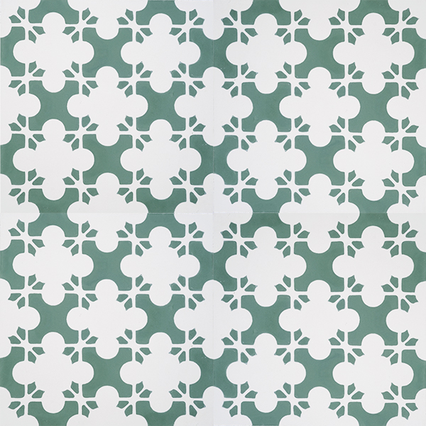 Bring coolness and verve to a space with our Nevada encaustic tile in mid-toned, nature inspired winter green with white. Four tile view - Rever Tiles.