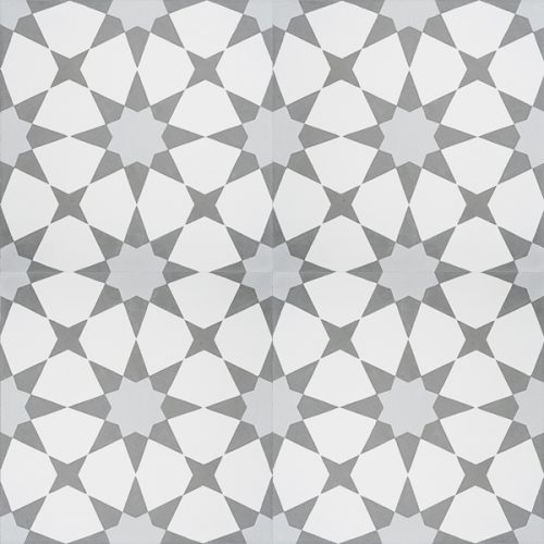 Handmade ESTRELLA encaustic tile, a highly patterned and distinctly Moroccan tile in grey and white, four tile view - Rever Tiles.