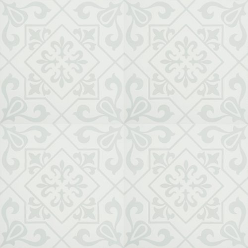 Add vintage glamour to your interior with our Lisboa encaustic tile, featuring a delicate pattern in the lightest shade of grey with white. Four tile view - Rever Tiles.