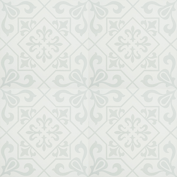 Add vintage glamour to your interior with our Lisboa encaustic tile, featuring a delicate pattern in the lightest shade of grey with white. Four tile view - Rever Tiles.