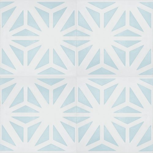 Create a calming oasis with our Safi encaustic tile, the soft, summer-fresh shade of azure mist combined with white is a timeless choice. Four tile view - Rever Tiles.