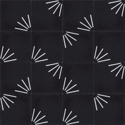 Palo encaustic tile in black and white is incredibly versatile and effective. Cluster the elements into a radial design or only in part thereby creating a symbolic sun rise, alternatively go random and create that one-of-kind space. Floor view - Rever Tiles.