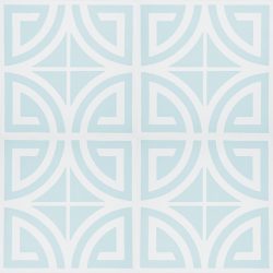 Our SARRIA encaustic tile in azure mist and white is just the tile to transform your space from casual beachside to sophisticated coastal style. Four tile view - Rever Tiles.