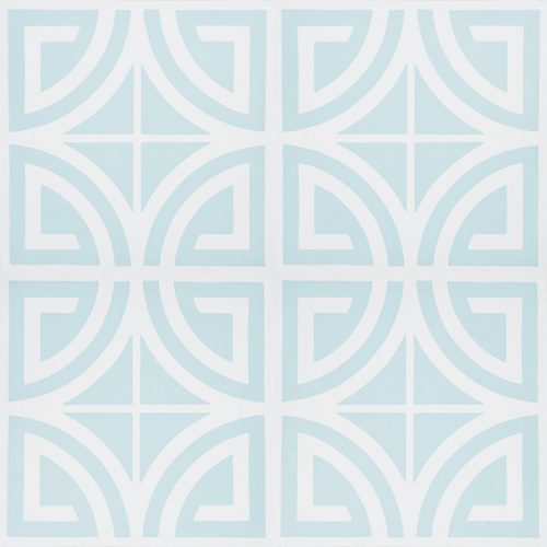 Our SARRIA encaustic tile in azure mist and white is just the tile to transform your space from casual beachside to sophisticated coastal style. Four tile view - Rever Tiles.