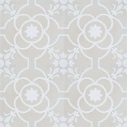 Handmade French patterned Versailles encaustic tile with delicate white detail on a neutral cream background, four tile view - Rever Tiles.