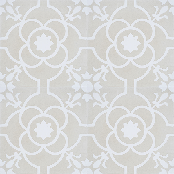 Handmade French patterned Versailles encaustic tile with delicate white detail on a neutral cream background, four tile view - Rever Tiles.