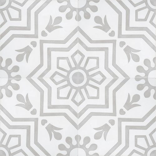 Handmade AZTEC decorative encaustic tile, with light grey on white and soft contrast in a pattern that is not overbearing, four tile view - Rever Tiles.