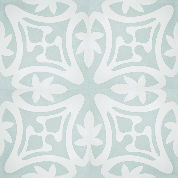 Rana encaustic tile in soft green with white, has fluidity and balance and instantly adds soul and life to a space, a fabulous bathroom, laundry, or entryway tile. Four tile view - Rever Tiles.
