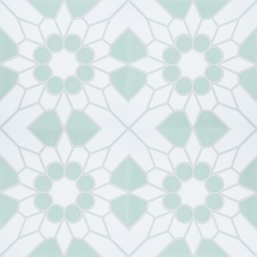 The playful design of our Jerez encaustic tile and soft mint green creates the perfect foundation for a refreshing bathroom. Four tile view - Rever Tiles.