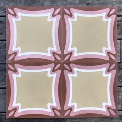 Pink and red can be quirky and cheeky but equally high end and chic, our Porto encaustic tile, just like its namesake is spirited and edgy. Four tile view natural light - Rever Tiles.