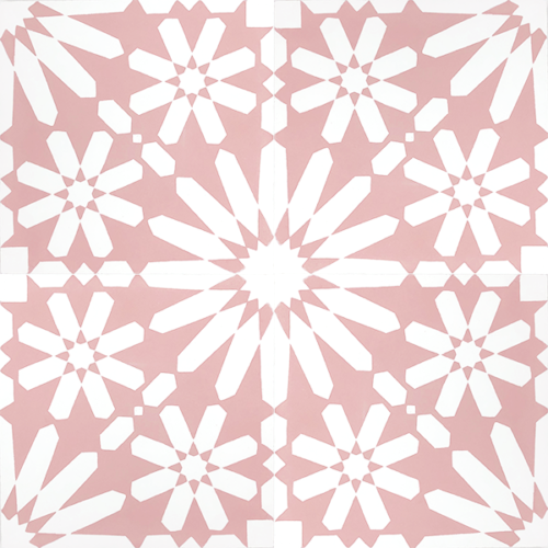 Moroccan style, Fes encaustic tile with an explosion of white flowers on a dusky pink background is absolutely stunning, a fabulous feature floor tile. Four tile view - Rever Tiles.