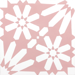 Moroccan style, Fes encaustic tile with an explosion of white flowers on a dusky pink background is absolutely stunning, a fabulous feature floor tile. Single tile view - Rever Tiles.
