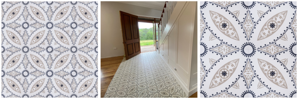 Handmade Tulle encaustic tile, with its intricate design and neutral colour scheme works perfectly in more formal spaces, such as dining rooms and hotel foyers; floor view - Rever Tiles.