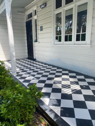 REVER TILES encaustic tiles unveiled - WHITE and BLACK porch verandah floor checkerboard period home Sydney